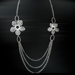 Triple Stand Opera Length Necklace Silver Flowers 36”